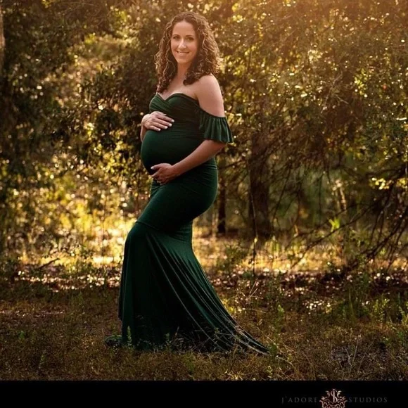 Dresses Dark Green Sweetheart Off The Shoulder Maternity Shoot